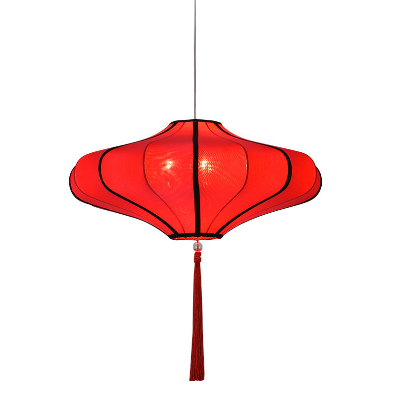 Cultural Red Fabric Lantern Chandelier Light Fixture for Dining Room