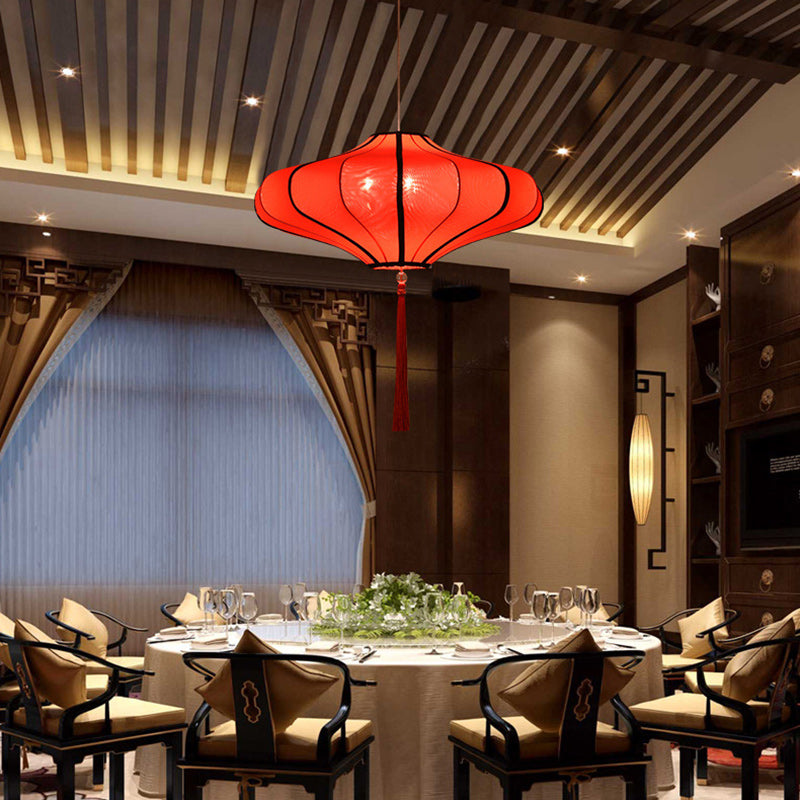 Cultural Red Fabric Lantern Chandelier Light Fixture for Dining Room
