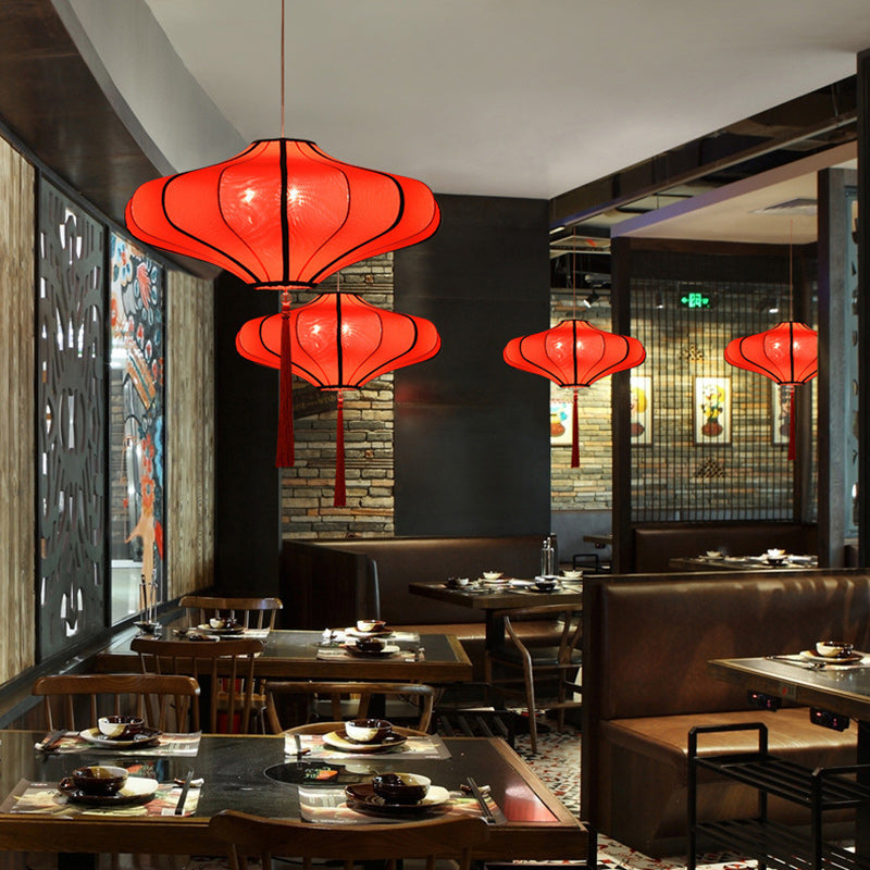 Cultural Red Fabric Lantern Chandelier Light Fixture for Dining Room