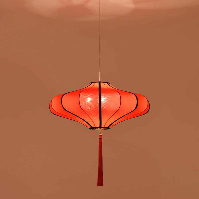 Cultural Red Fabric Lantern Chandelier Light Fixture for Dining Room