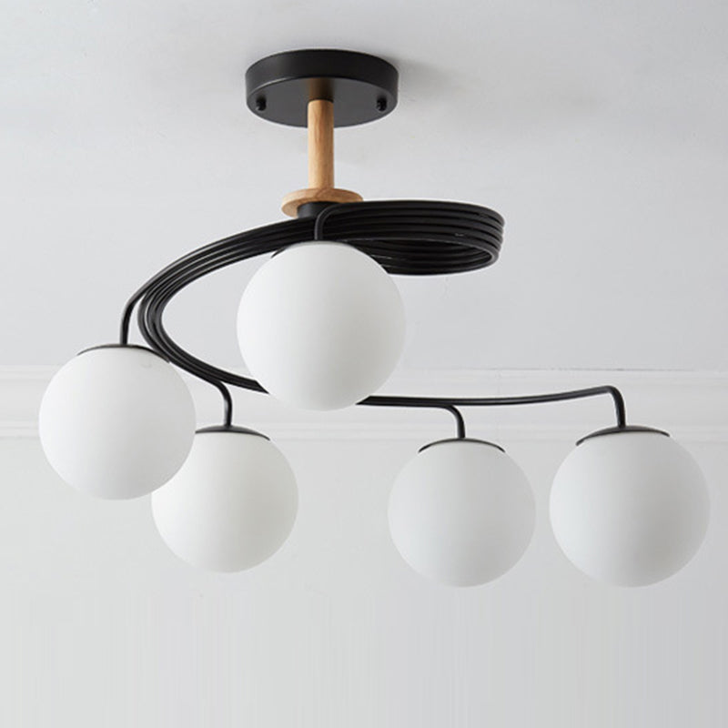 Nordic Dome Orb Glass Chandelier - Iron & Wood 3/5 Light for Dining Room