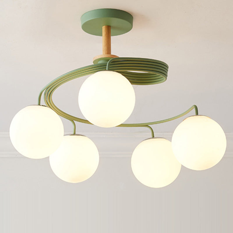 Nordic Dome Orb Glass Chandelier - Iron & Wood 3/5 Light for Dining Room