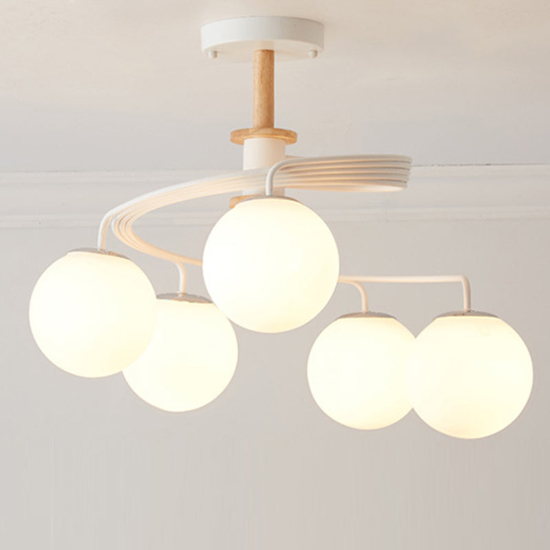 Nordic Dome Orb Glass Chandelier - Iron & Wood 3/5 Light for Dining Room