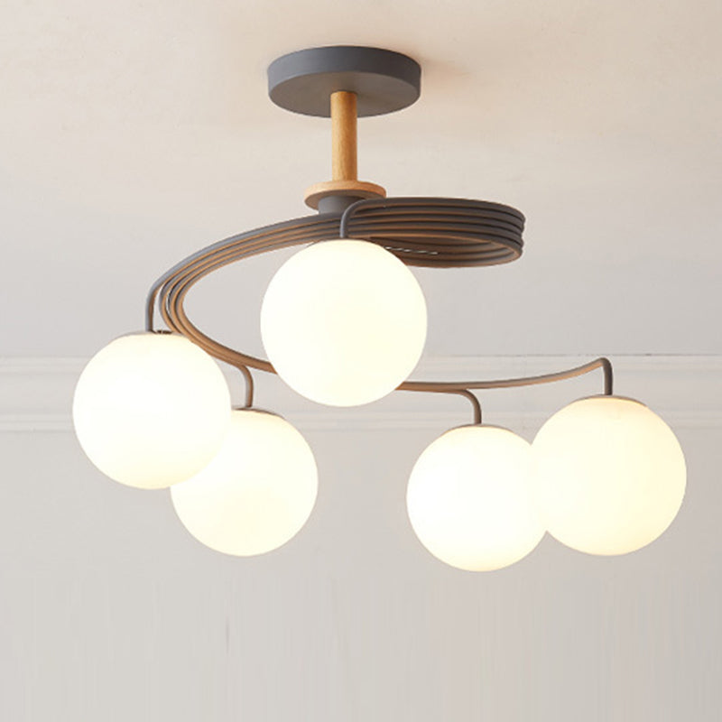 Nordic Dome Orb Glass Chandelier - Iron & Wood 3/5 Light for Dining Room