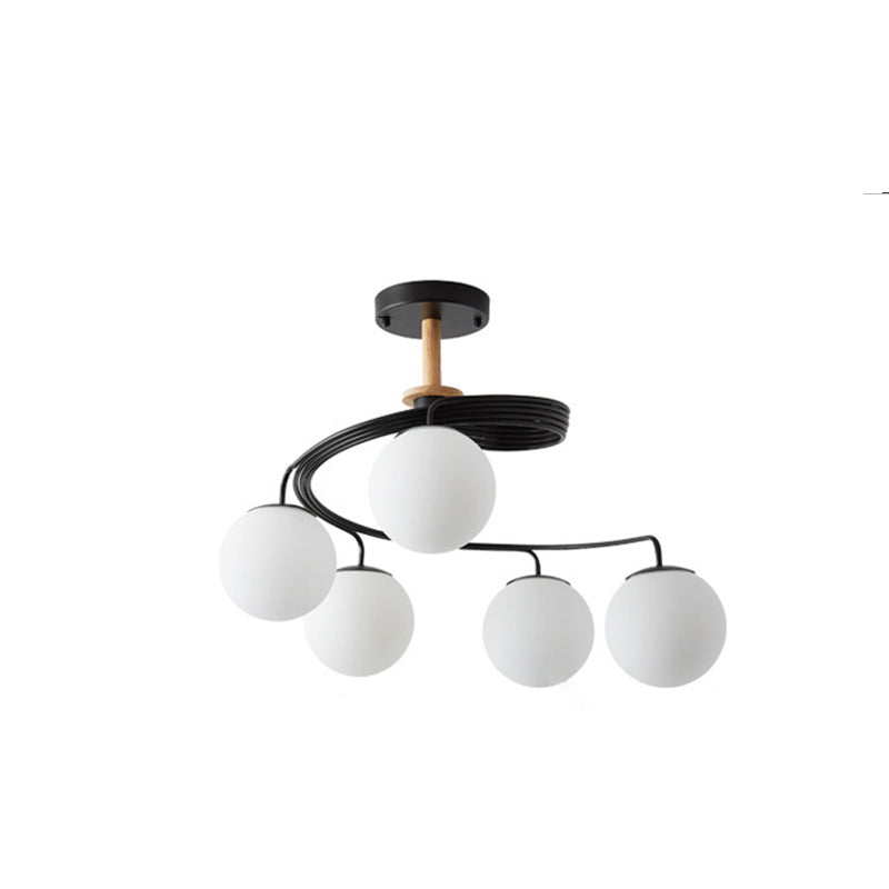 Nordic Dome Orb Glass Chandelier - Iron & Wood 3/5 Light for Dining Room