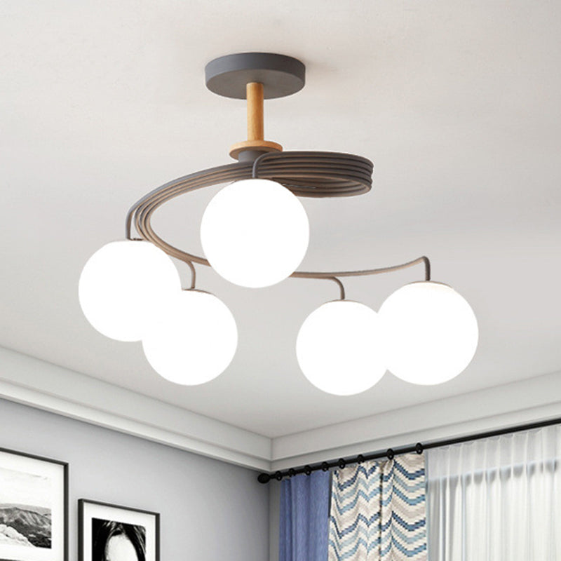Nordic Dome Orb Glass Chandelier - Iron & Wood 3/5 Light for Dining Room