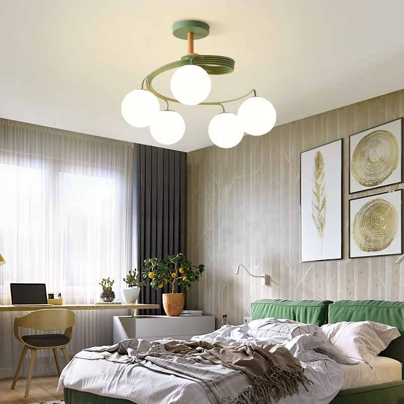 Nordic Dome Orb Glass Chandelier - Iron & Wood 3/5 Light for Dining Room