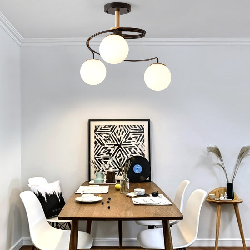 Nordic Dome Orb Glass Chandelier - Iron & Wood 3/5 Light for Dining Room
