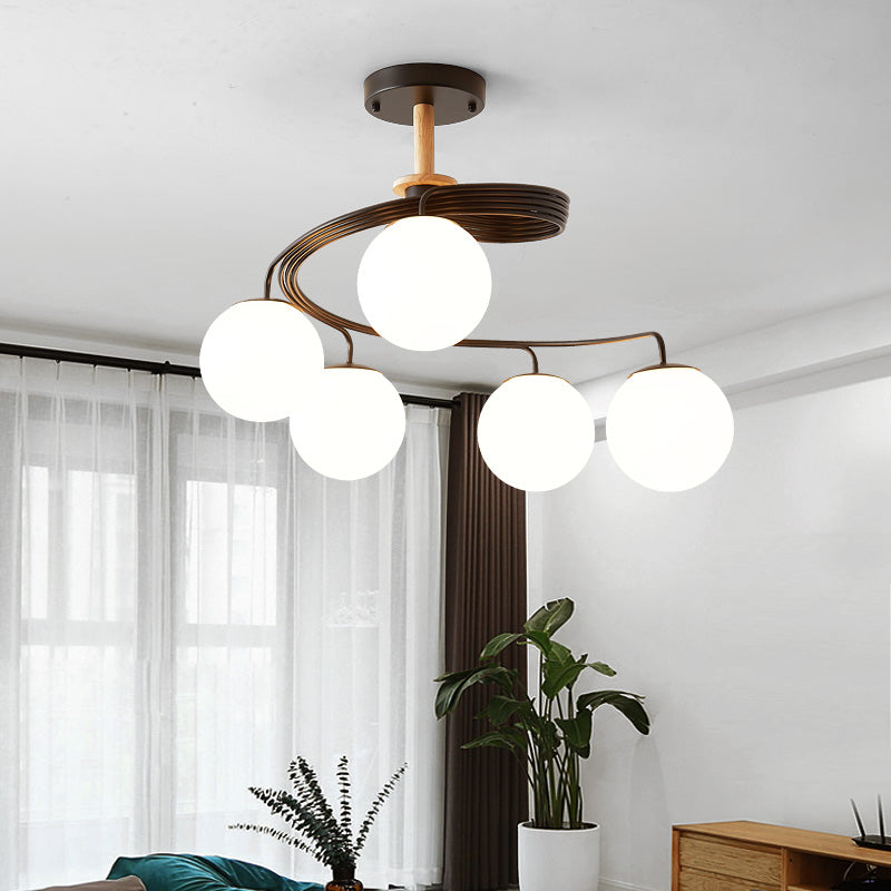 Nordic Dome Orb Glass Chandelier - Iron & Wood 3/5 Light for Dining Room