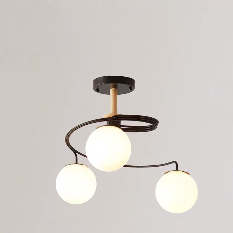 Nordic Dome Orb Glass Chandelier - Iron & Wood 3/5 Light for Dining Room