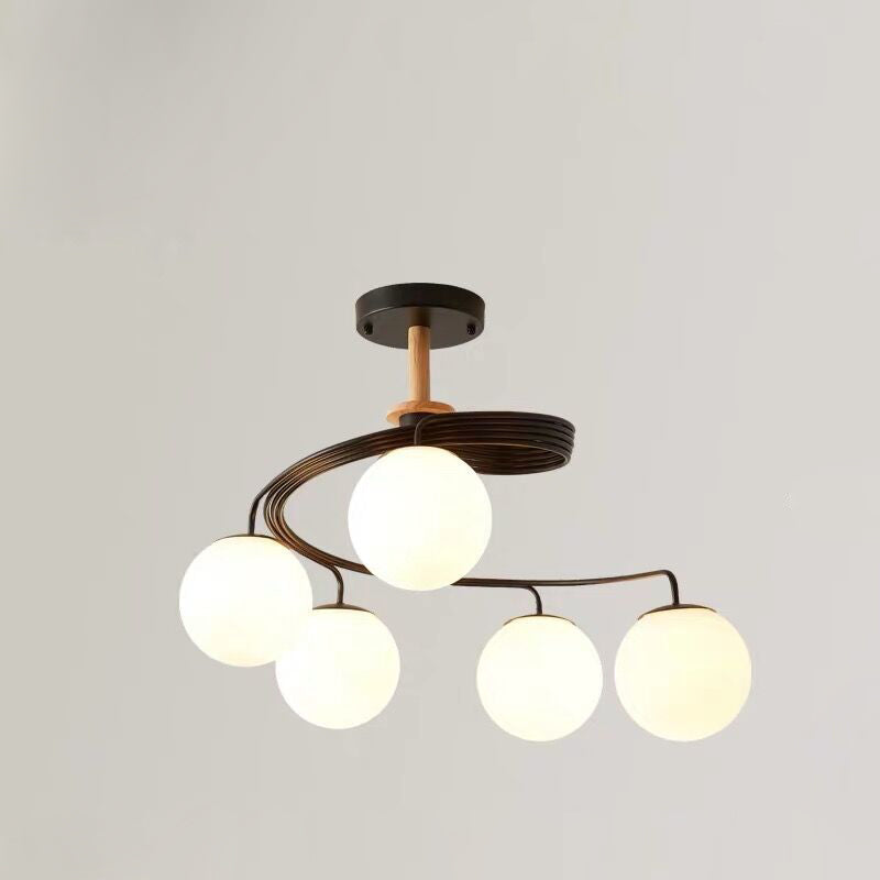 Nordic Dome Orb Glass Chandelier - Iron & Wood 3/5 Light for Dining Room
