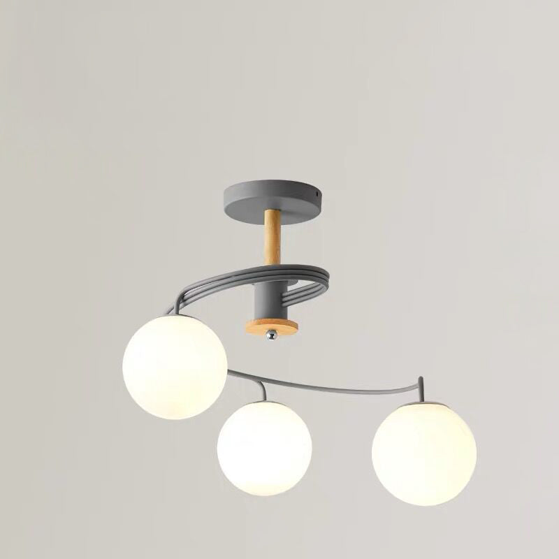 Nordic Dome Orb Glass Chandelier - Iron & Wood 3/5 Light for Dining Room