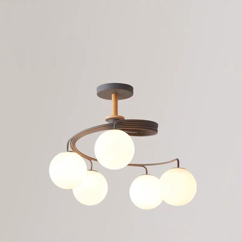 Nordic Dome Orb Glass Chandelier - Iron & Wood 3/5 Light for Dining Room