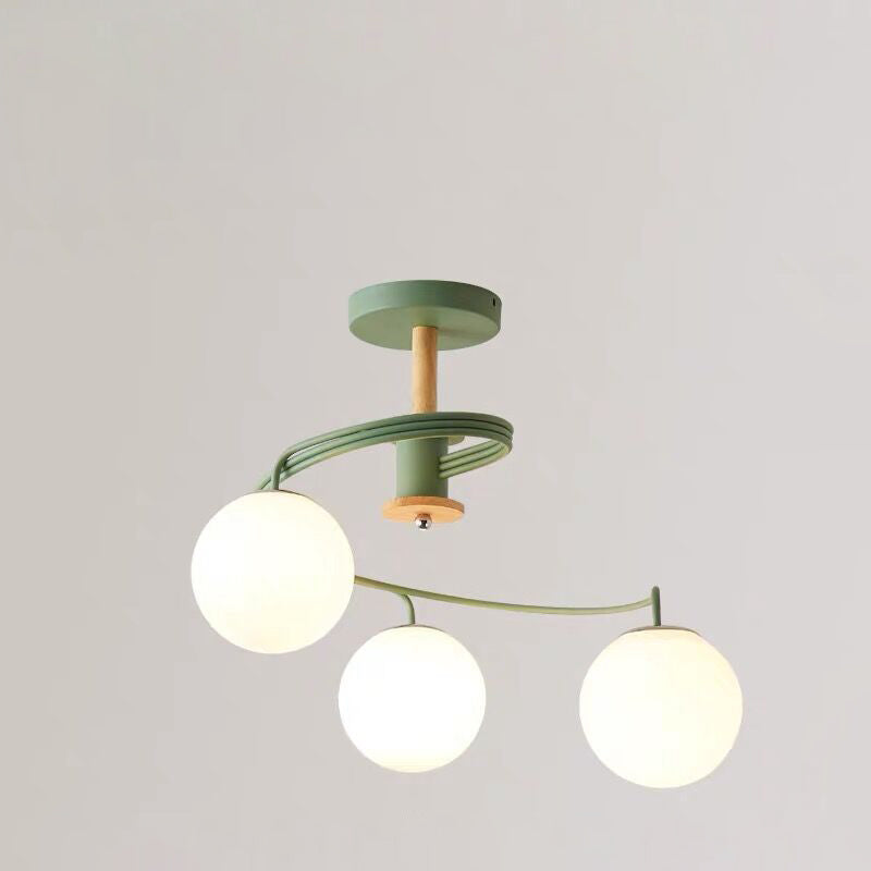 Nordic Dome Orb Glass Chandelier - Iron & Wood 3/5 Light for Dining Room