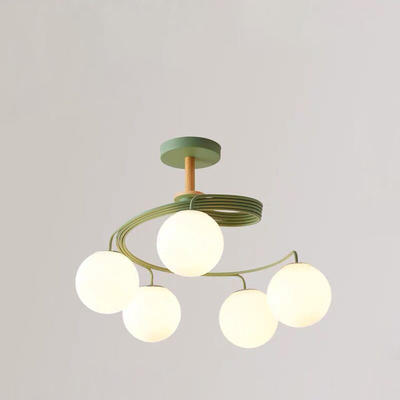 Nordic Dome Orb Glass Chandelier - Iron & Wood 3/5 Light for Dining Room