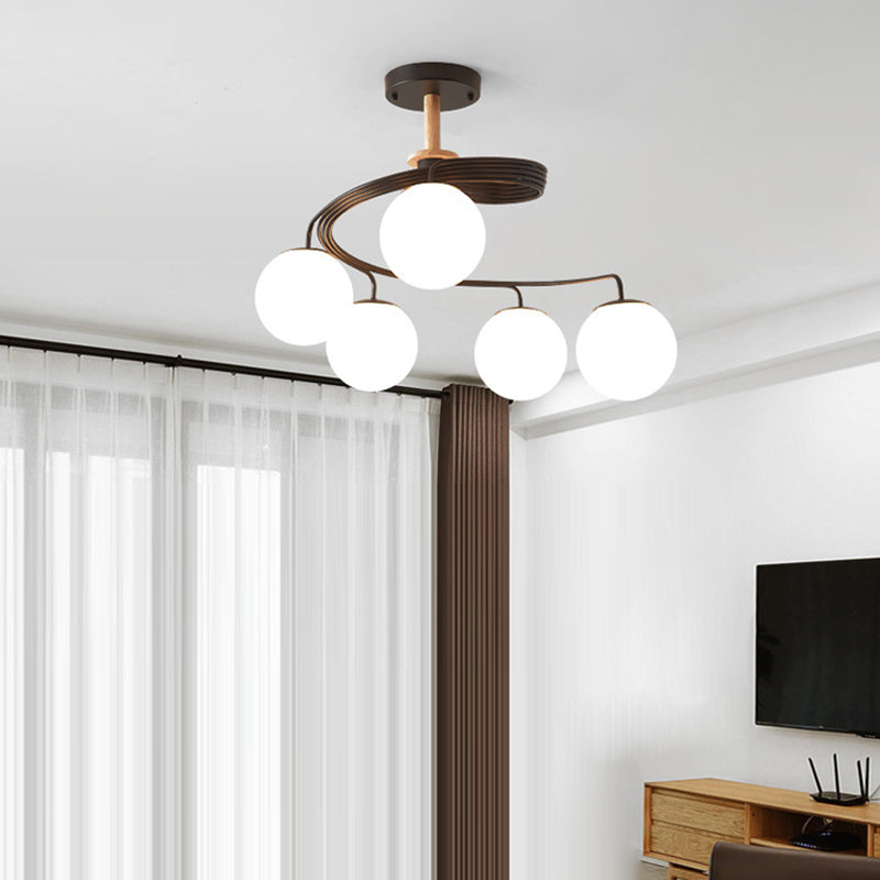 Nordic Dome Orb Glass Chandelier - Iron & Wood 3/5 Light for Dining Room