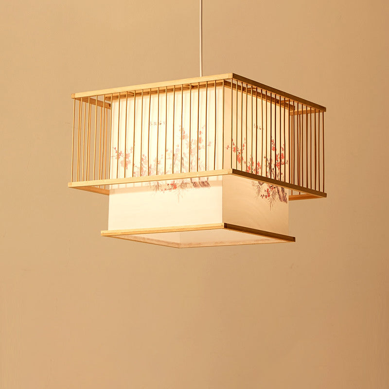 Elegant Japanese Square Bamboo PVC Chandelier for Dining Room Lighting