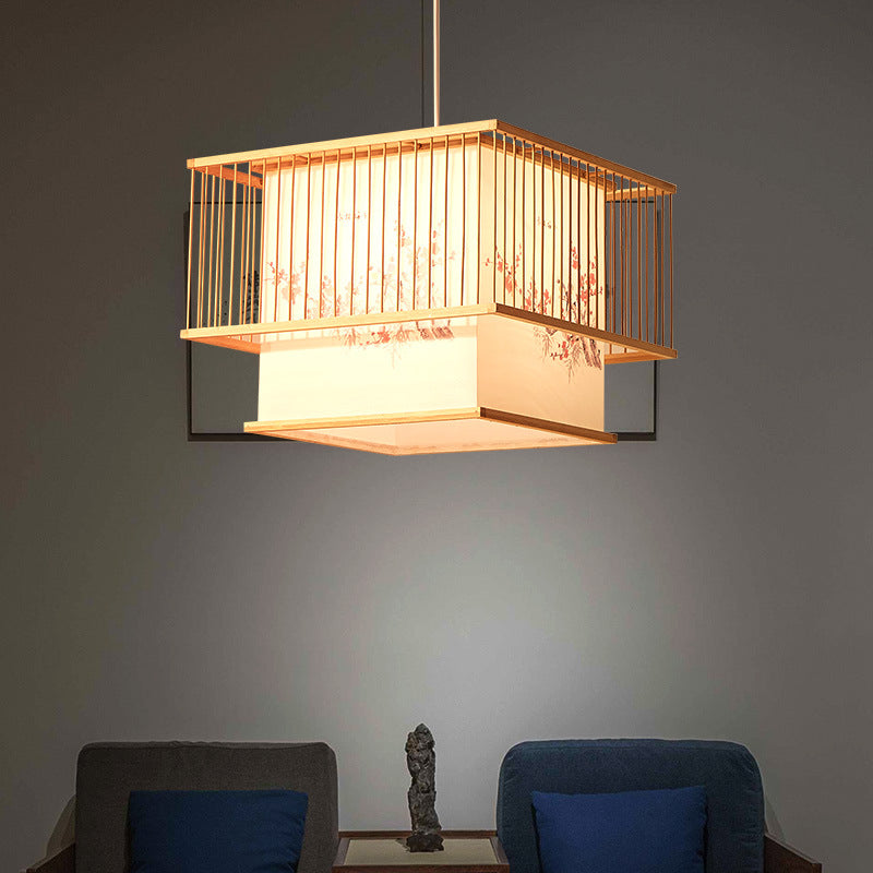 Elegant Japanese Square Bamboo PVC Chandelier for Dining Room Lighting