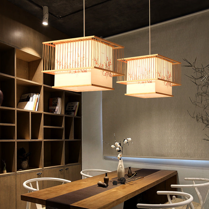 Elegant Japanese Square Bamboo PVC Chandelier for Dining Room Lighting