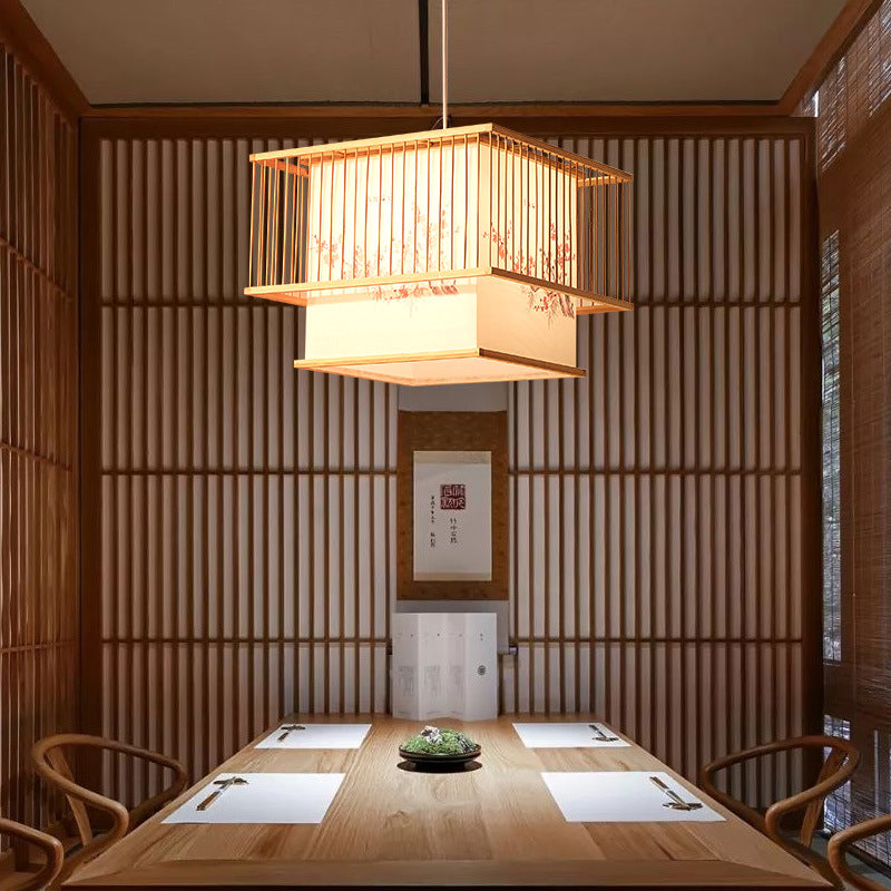 Elegant Japanese Square Bamboo PVC Chandelier for Dining Room Lighting