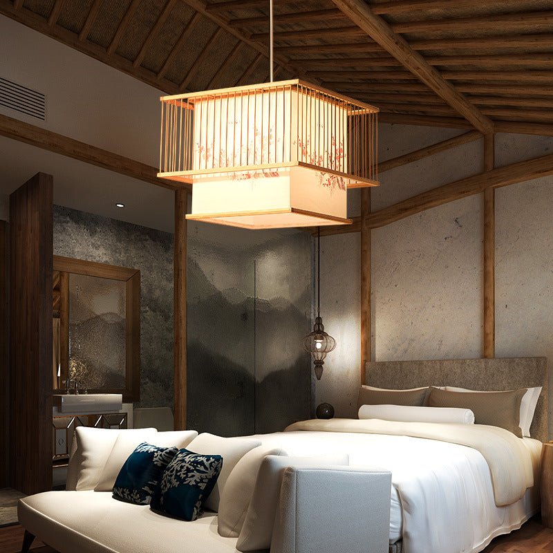 Elegant Japanese Square Bamboo PVC Chandelier for Dining Room Lighting