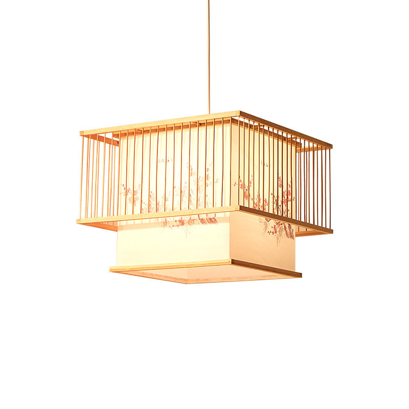 Elegant Japanese Square Bamboo PVC Chandelier for Dining Room Lighting