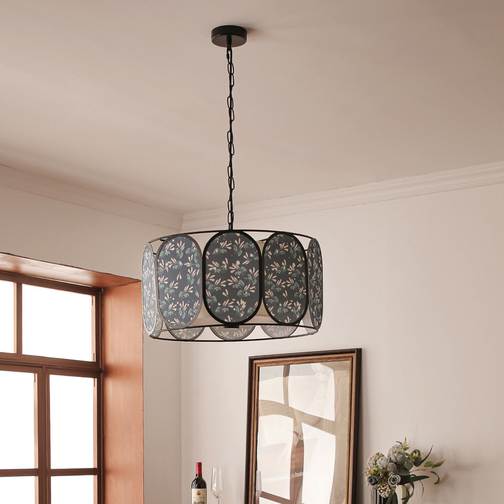 Vintage Floral Fabric 5-Light Chandelier in Striped Design for Living Room
