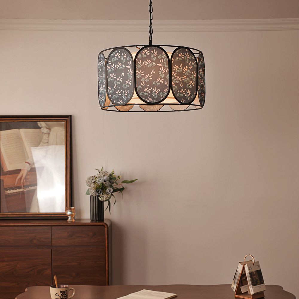 Vintage Floral Fabric 5-Light Chandelier in Striped Design for Living Room