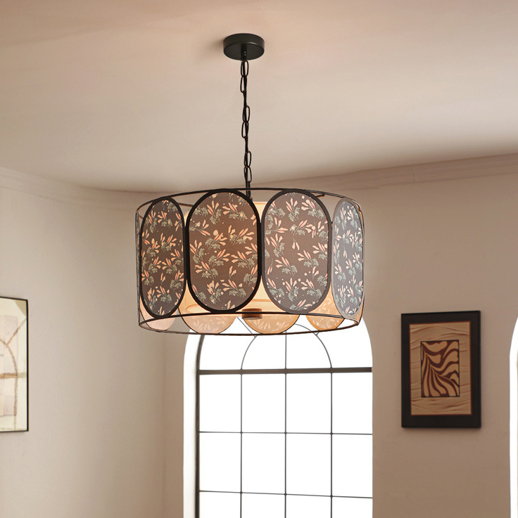Vintage Floral Fabric 5-Light Chandelier in Striped Design for Living Room
