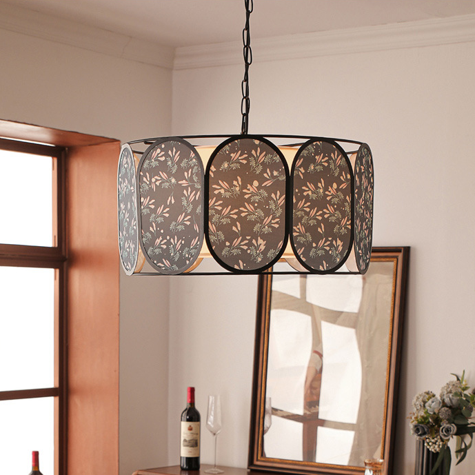 Vintage Floral Fabric 5-Light Chandelier in Striped Design for Living Room