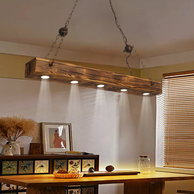 Rustic Industrial Style Rectangular Iron & Wood LED Chandelier for Dining Room