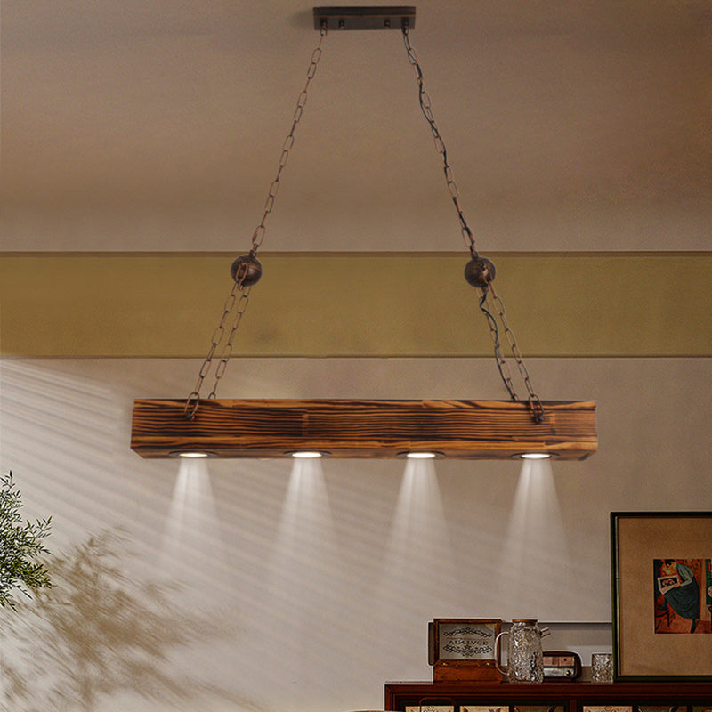 Rustic Industrial Style Rectangular Iron & Wood LED Chandelier for Dining Room