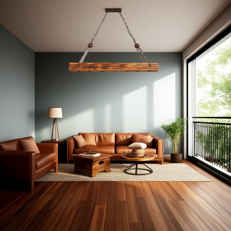 Rustic Industrial Style Rectangular Iron & Wood LED Chandelier for Dining Room