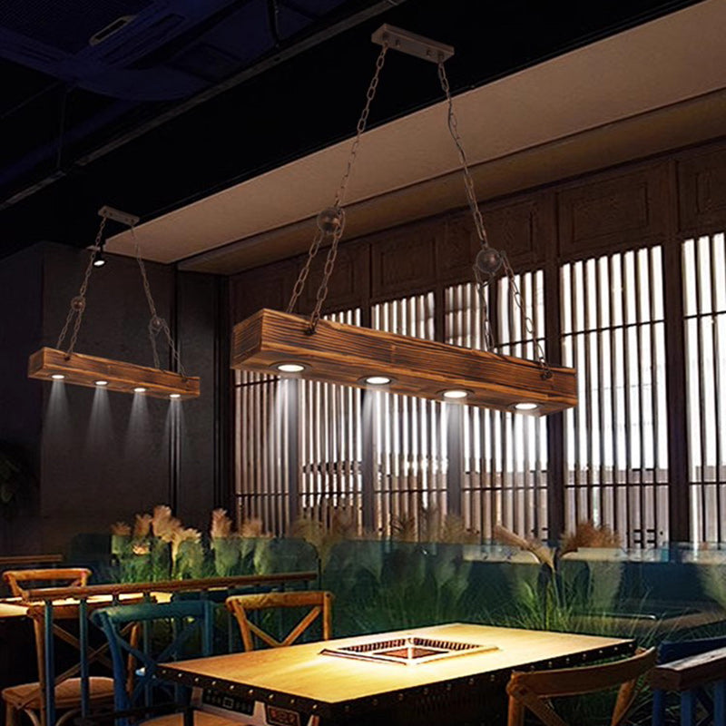 Rustic Industrial Style Rectangular Iron & Wood LED Chandelier for Dining Room