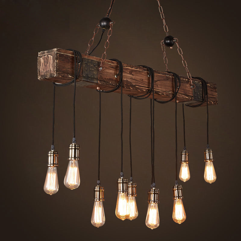Rustic Vintage Wooden Iron 10-Light Adjustable Chandelier for Living Room