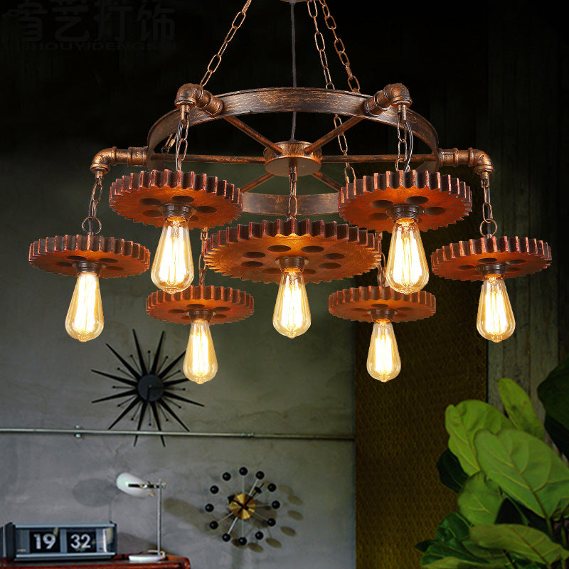 Rustic Brown Iron & Wood Circular Gear Chandelier for Restaurant Lighting
