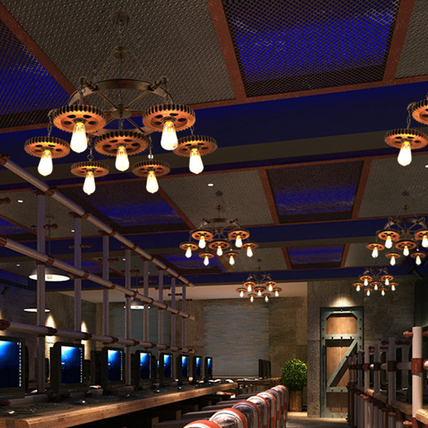 Rustic Brown Iron & Wood Circular Gear Chandelier for Restaurant Lighting
