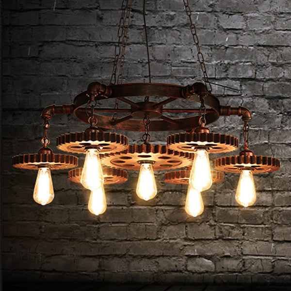 Rustic Brown Iron & Wood Circular Gear Chandelier for Restaurant Lighting