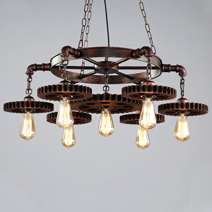 Rustic Brown Iron & Wood Circular Gear Chandelier for Restaurant Lighting