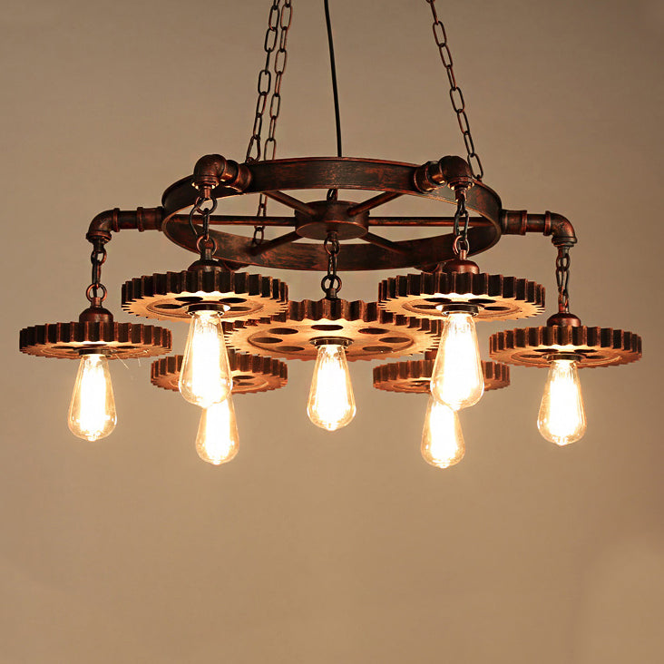 Rustic Brown Iron & Wood Circular Gear Chandelier for Restaurant Lighting