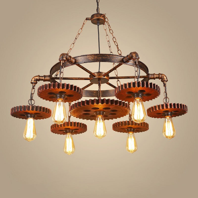 Rustic Brown Iron & Wood Circular Gear Chandelier for Restaurant Lighting