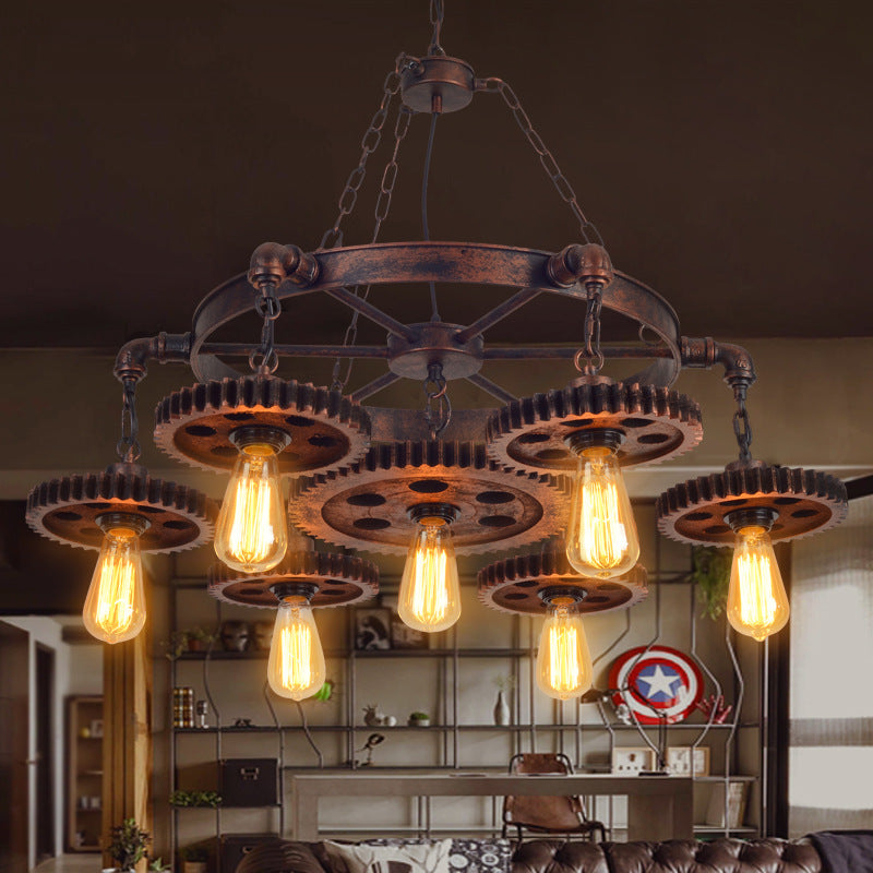 Rustic Brown Iron & Wood Circular Gear Chandelier for Restaurant Lighting