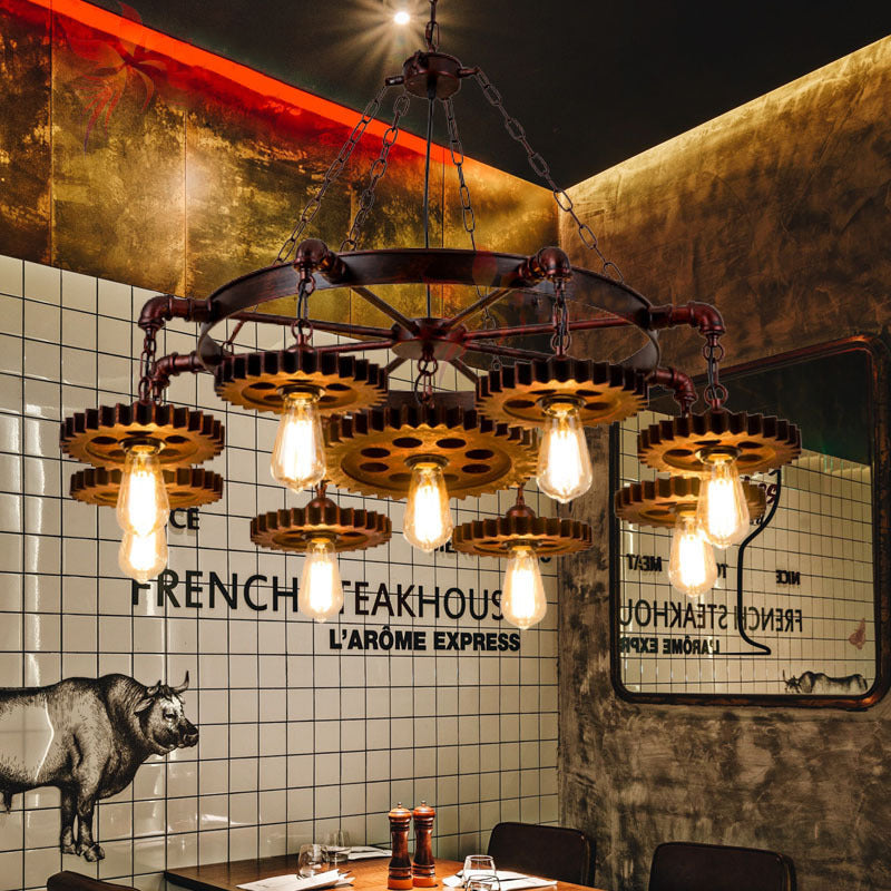 Rustic Brown Iron & Wood Circular Gear Chandelier for Restaurant Lighting