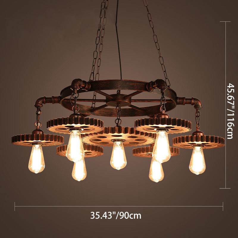Rustic Brown Iron & Wood Circular Gear Chandelier for Restaurant Lighting