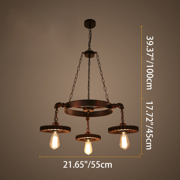 Rustic Brown Iron & Wood Circular Gear Chandelier for Restaurant Lighting