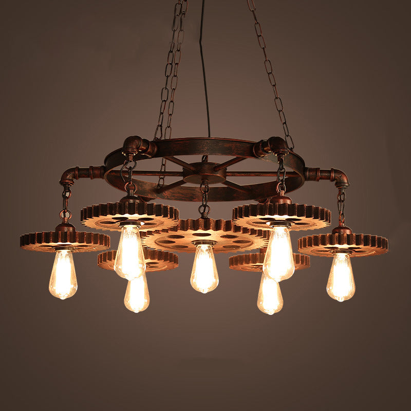 Rustic Brown Iron & Wood Circular Gear Chandelier for Restaurant Lighting