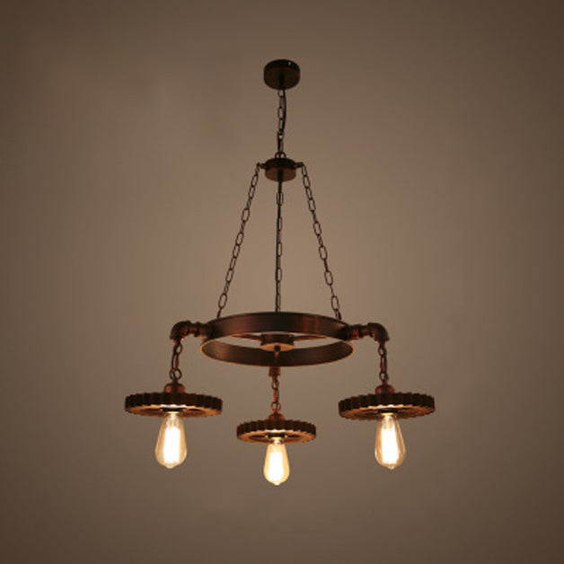 Rustic Brown Iron & Wood Circular Gear Chandelier for Restaurant Lighting