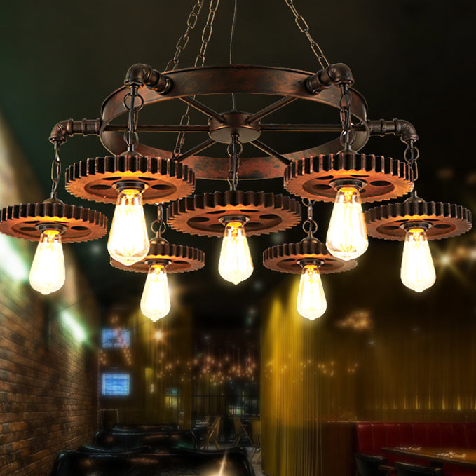 Rustic Brown Iron & Wood Circular Gear Chandelier for Restaurant Lighting