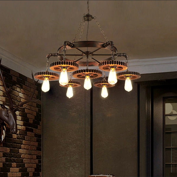 Rustic Brown Iron & Wood Circular Gear Chandelier for Restaurant Lighting