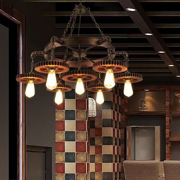 Rustic Brown Iron & Wood Circular Gear Chandelier for Restaurant Lighting
